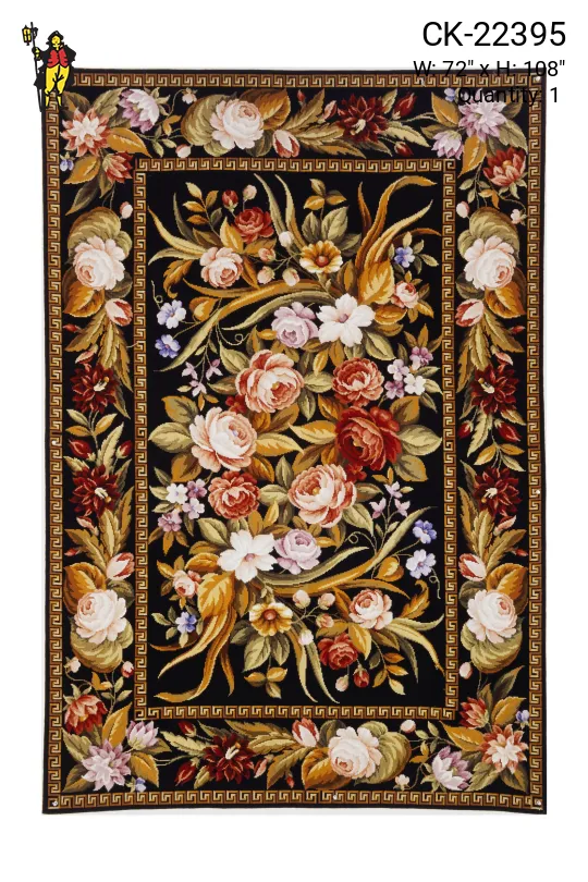 Black & Floral Traditional Needlepoint Area Rug (6' x 9')