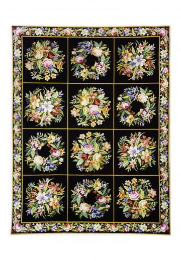 Black Geometric Floral Needlepoint Area Rug (5' 7" x 7' 9")