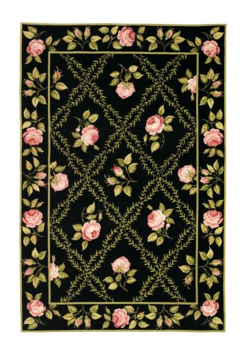 Black Floral Traditional Needlepoint Area Rug (6' x 9')