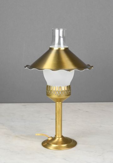 Brass Plug In Cafe Table Lamp w/Frosted Glass Chimney & Scallop Shade - Candelabra