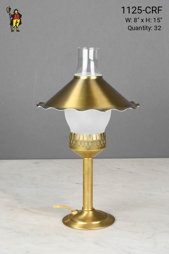 Brass Plug In Cafe Table Lamp w/Frosted Glass Chimney & Scallop Shade - Candelabra