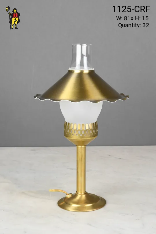 Brass Plug In Cafe Table Lamp w/Frosted Glass Chimney & Scallop Shade - Candelabra