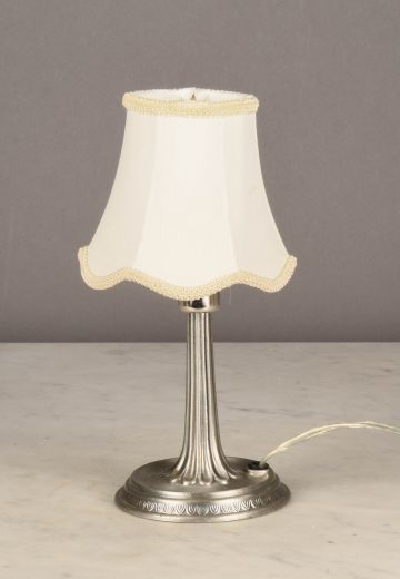 Brushed Nickel Plug In Cafe Table Lamp w/Off White Shades - Candelabra