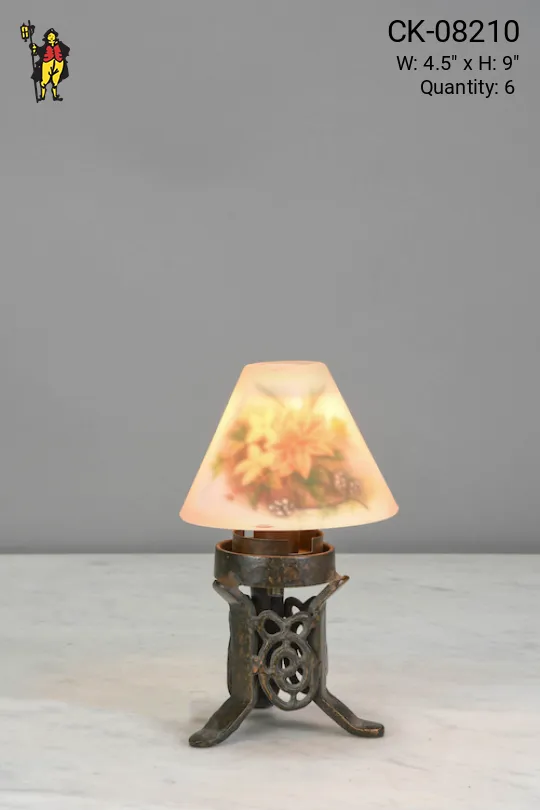 Metal Plug In Cafe Table Lamp w/Floral Glass Shade - Candelabra