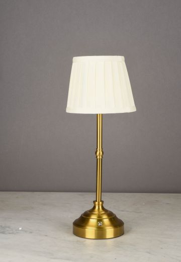 Dimmable Battery Operated/LED Brass Cafe Table Lamp w/Pleated Shade (Shade Cannot Be Changed)