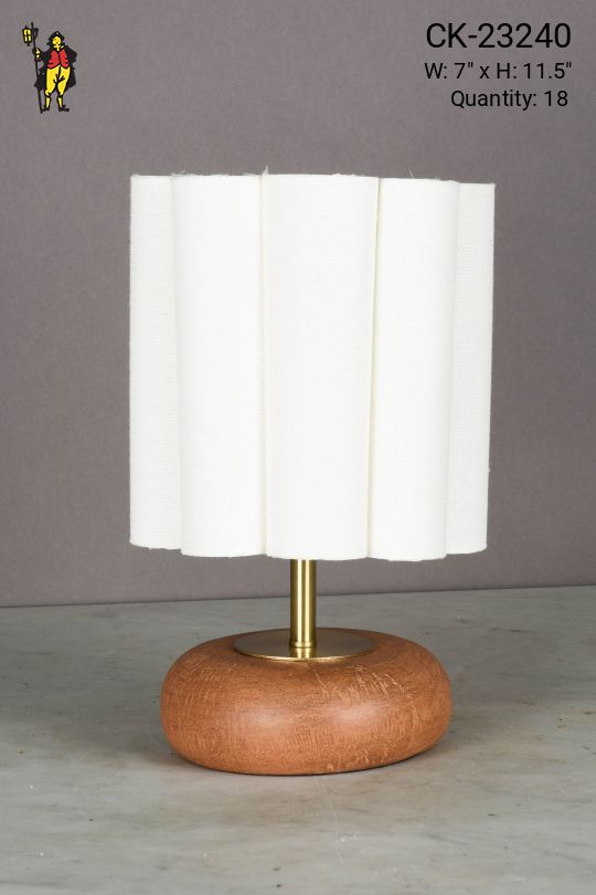 Wooden Mid Century Plug In Cafe Table Lamp w/Scalloped Fabric Shade
