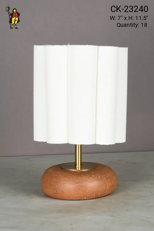Wooden Mid Century Plug In Cafe Table Lamp w/Scalloped Fabric Shade