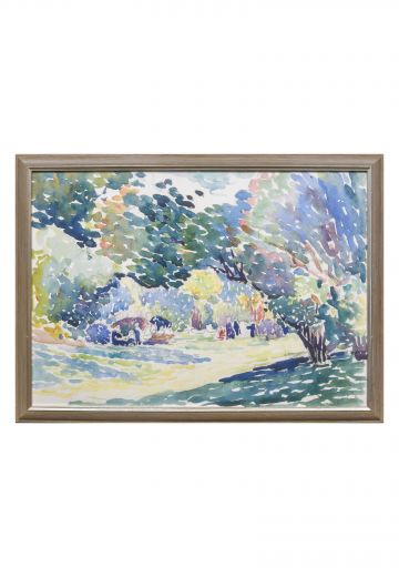 Framed Cleared Wooded Landscape Watercolor