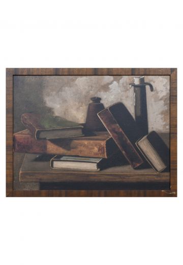 Wooden Framed Still Life w/Books, Inkpot, & Candlestick
