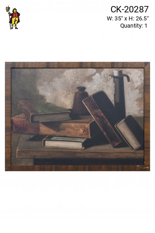 Wooden Framed Cleared Still Life w/Books, Inkpot, & Candlestick