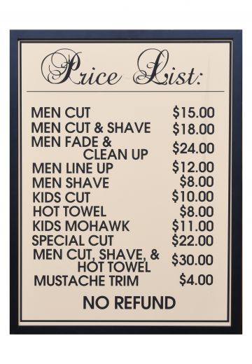 Framed Cleared Barbershop Price List
