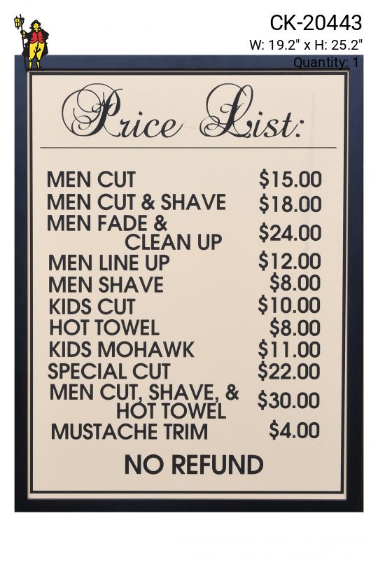 Framed Cleared Barbershop Price List