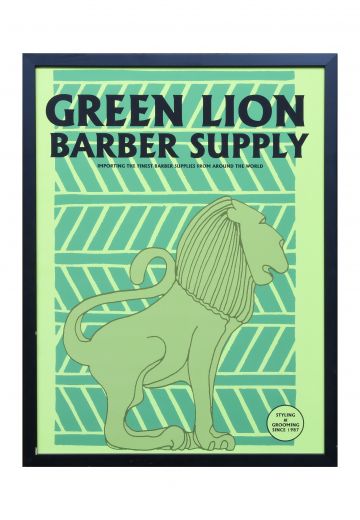 Framed Cleared Green Lion Barber Supply Signage