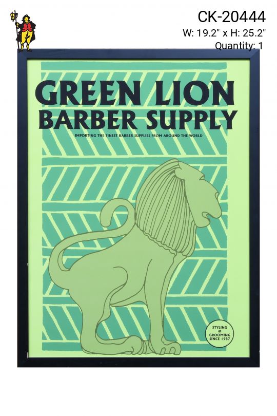 Framed Cleared Green Lion Barber Supply Signage