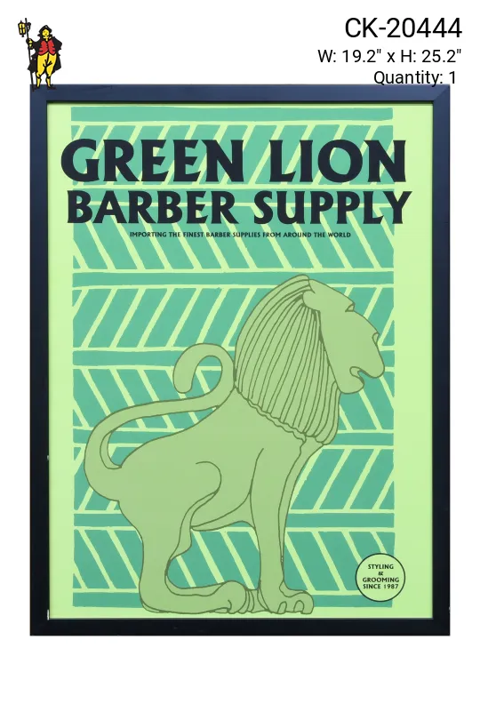 Framed Cleared Green Lion Barber Supply Signage