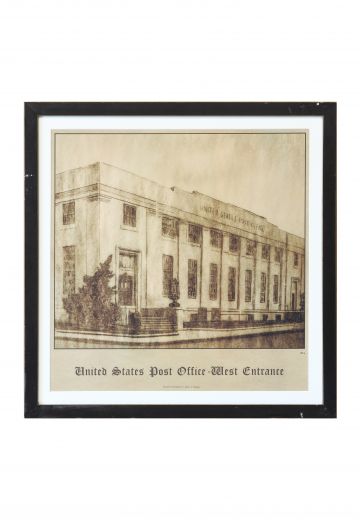 Framed Cleared Architectural Illustration of Post Office Building