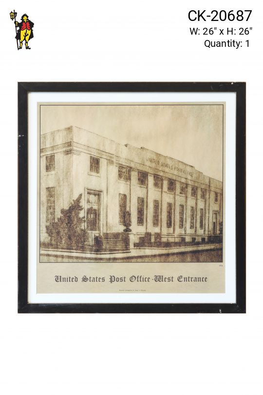 Framed Cleared Architectural Illustration of Post Office Building
