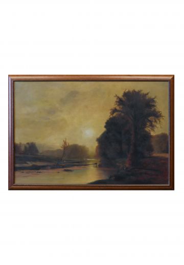 Framed Cleared River Sunset Oil Painting