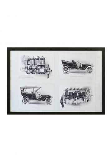 Framed Cleared Industrial Illustration of Antique Automobiles