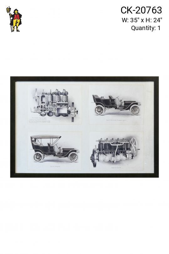 Framed Cleared Industrial Illustration of Antique Automobiles