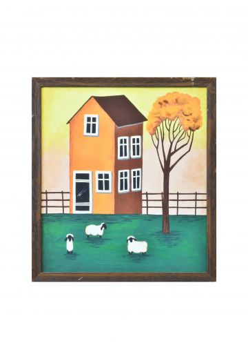 Framed Cleared Salt Box Style Folk Art Painting - 1