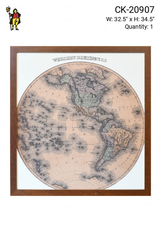 Framed Cleared 19th Century Sepia Western Hemisphere Map