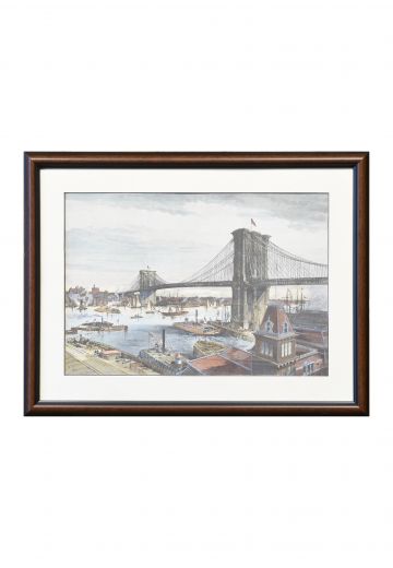 Framed Cleared Hand Colored Lithograph of Brooklyn Bridge