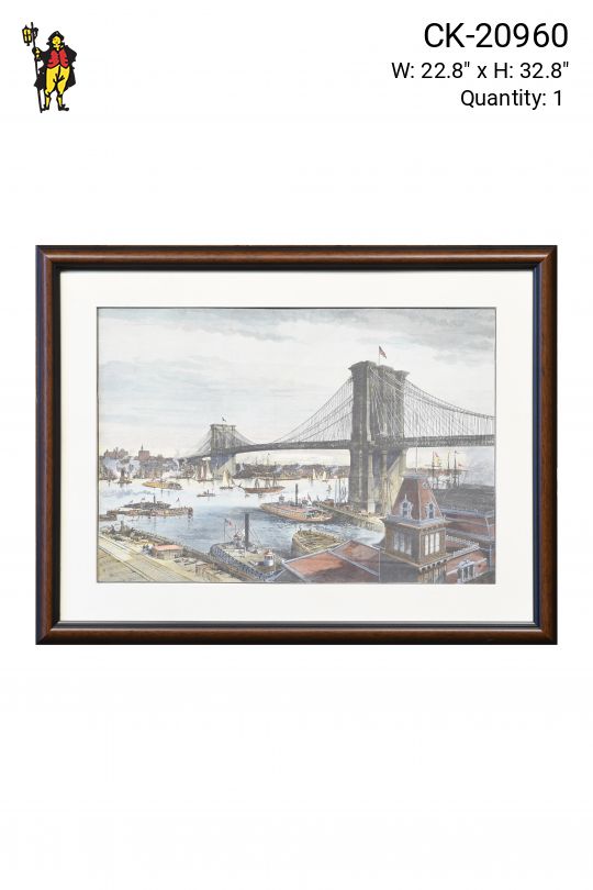 Framed Cleared Hand Colored Lithograph of Brooklyn Bridge