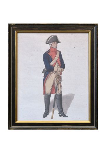 Framed Hand Colored Engraving of Office in Military
