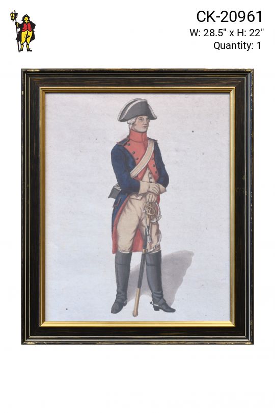 Framed Cleared Hand Colored Engraving of Office in Military