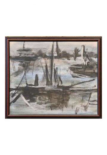 Framed Mid Century Harbor Scene Painting - 1