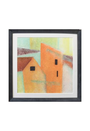Framed Mid Century Pastel of Geometric Buildings