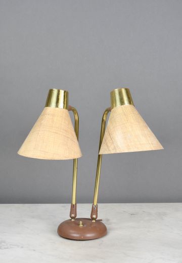 Mid Century Parchment Style Shaded Two Light Desk Lamp