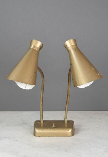 Two Light Gooseneck Pierced Brass Desk Lamp