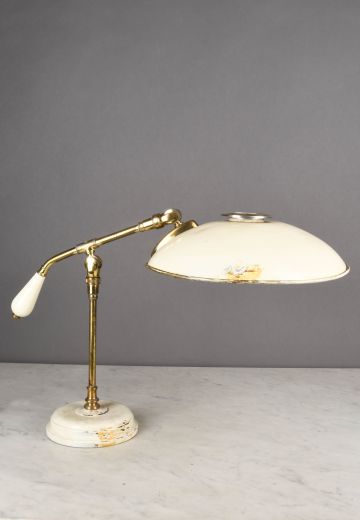 White & Brass Distressed Metal Shaded Desk Lamp
