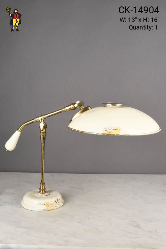 White & Brass Distressed Metal Shaded Desk Lamp