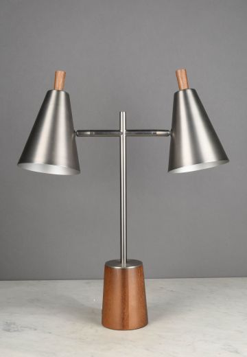 Nickel Shaded Two Light Directional Desk Lamp w/Wooden Base
