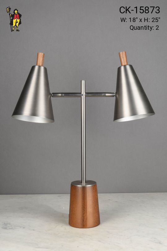 Nickel Shaded Two Light Directional Desk Lamp w/Wooden Base