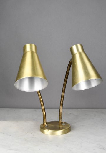 Satin Brass Two Light Gooseneck Mid Century Desk Lamp