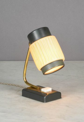 Green & Brass Small Mid Century Desk Lamp w/Ribbed Glass Shade