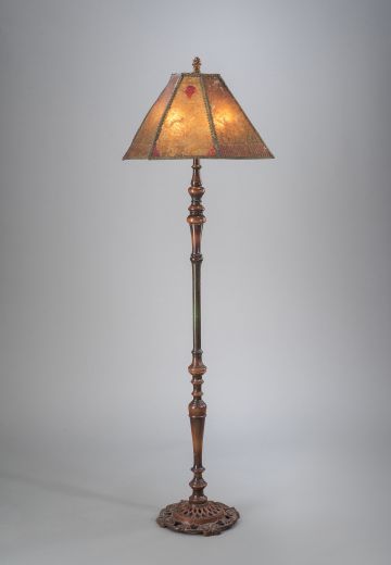 Wooden Floor Lamp w/Etched Amber Mica Lampshade