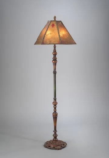 Wooden Floor Lamp w/Etched Amber Mica Lampshade