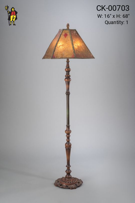 Wooden Floor Lamp w/Etched Amber Mica Lampshade