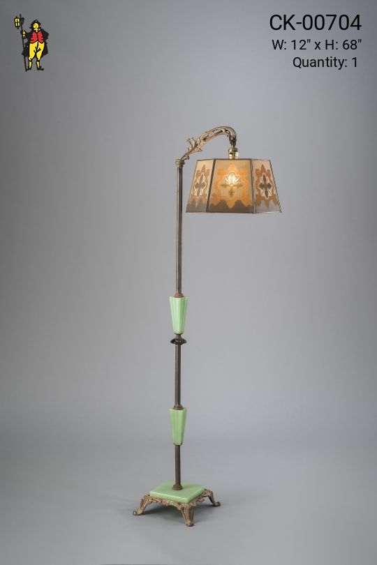 Brass & Jadalite Bridge Floor Lamp w/Amber Mica Lampshade