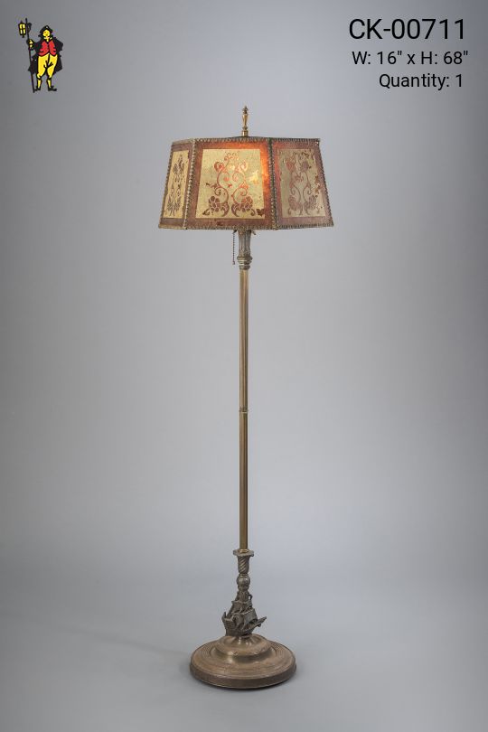Antique Brass Nautical Floor Lamp w/Etched Mica Lampshade