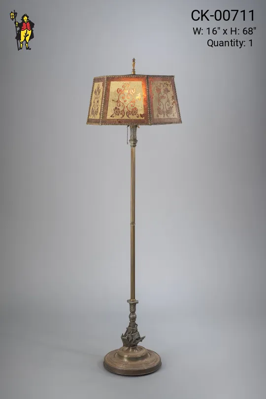 Antique Brass Nautical Floor Lamp w/Etched Mica Lampshade