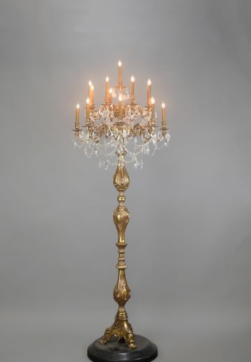 Seventeen Light Brass Standing Candelabra w/Crystal Drops