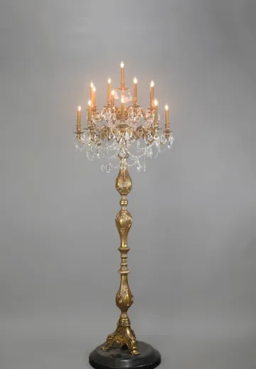 Seventeen Light Brass Standing Candelabra w/Crystal Drops