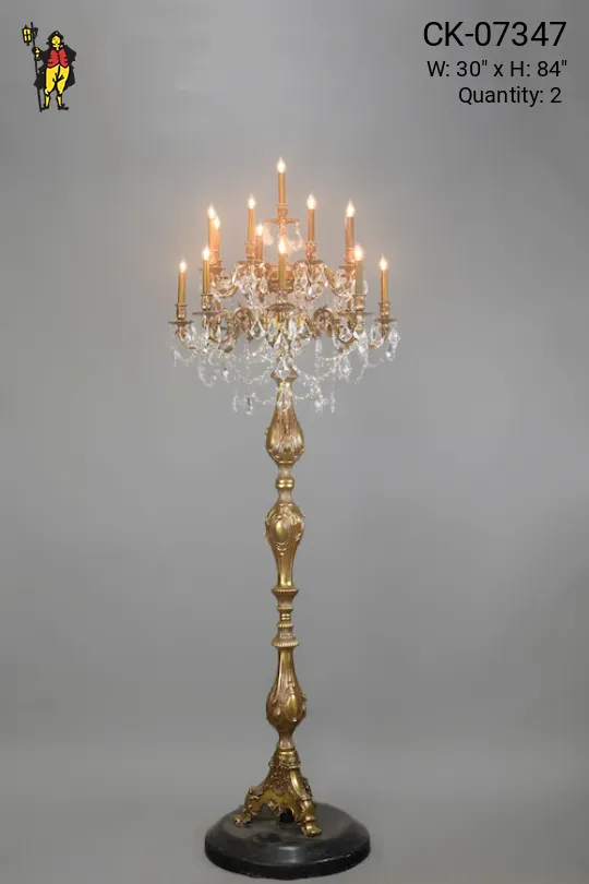 Seventeen Light Brass Standing Candelabra w/Crystal Drops