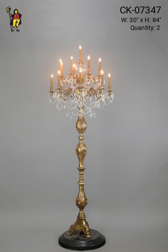 Seventeen Light Brass Standing Candelabra w/Crystal Drops